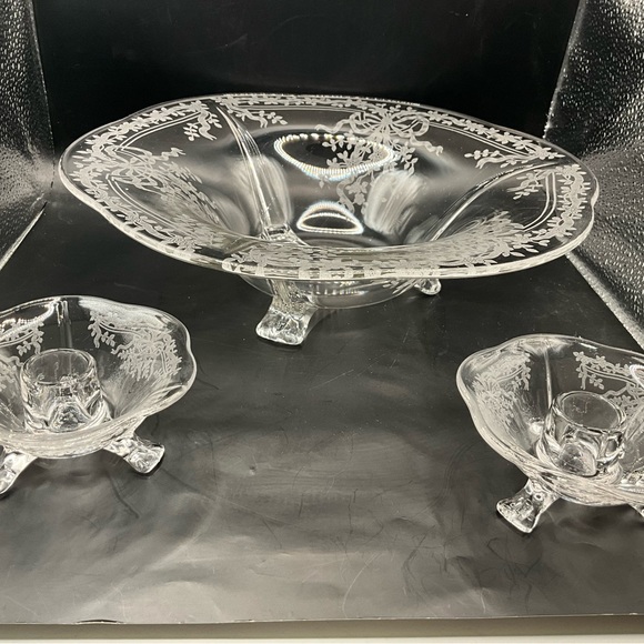 Fostoria June Clear American Glass Console Bowl Pair Candle Stick Holders - Picture 2 of 8